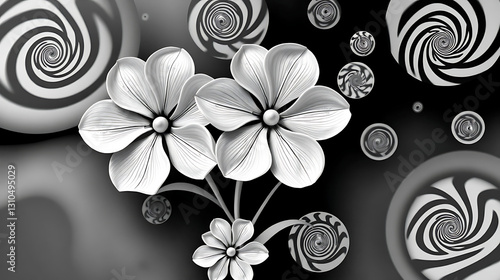 This image is an abstract black and white art piece, with the main elements being flowers and vortex patterns1