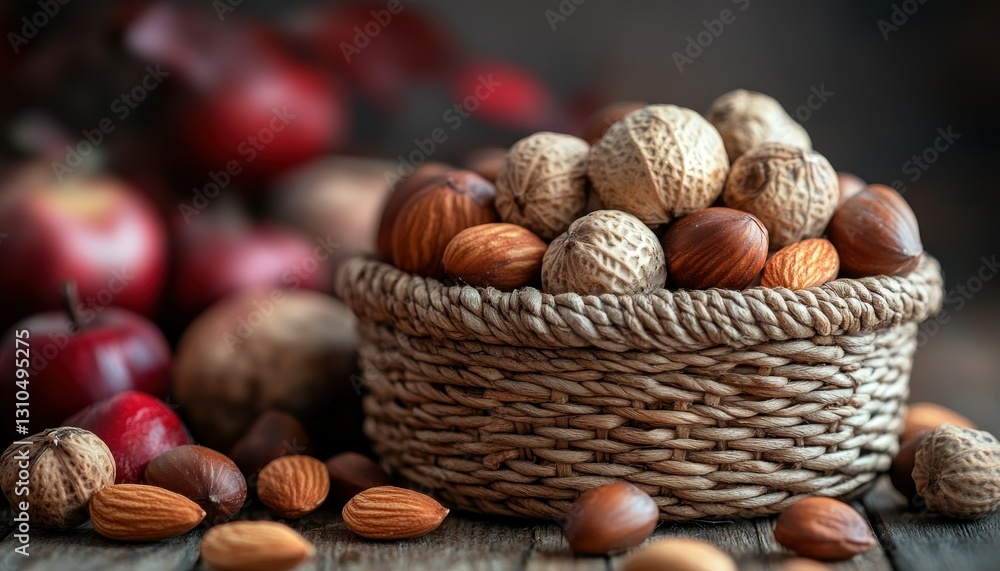 Assorted Nuts in a Rustic Basket Surrounded by Fresh Apples and Autumn Decorations Assorted Nuts in a Rustic Basket Surrounded by Fresh Apples and Autumn Decorations