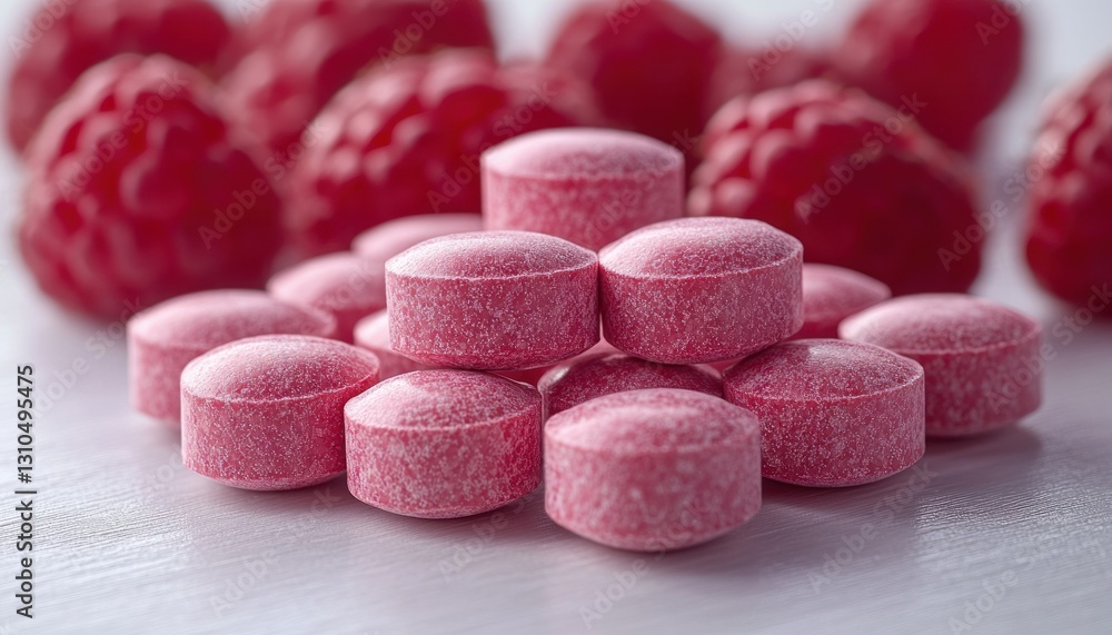 Close-Up View of Pink Dietary Supplements with Fresh Raspberries on Light Background Close-Up View of Pink Dietary Supplements with Fresh Raspberries on Light Background