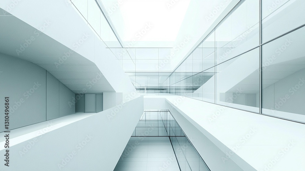 Modern minimalist white architecture interior with glass walls and stairs. Modern minimalist white architecture interior with glass walls and stairs.