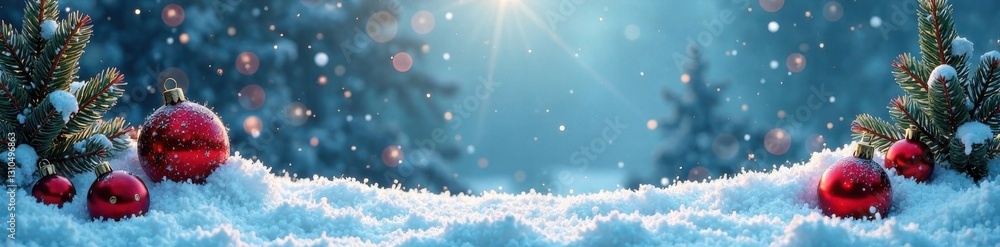 Naklejka premium Snowy winter landscape with Christmas decorations, forest, festive, holiday