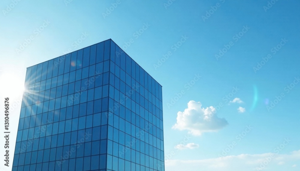 Modern office building situated in front of a serene blue sky with some subtle wisps of cloud, sleek design, blue sky, high rise Modern office building situated in front of a serene blue sky with some subtle wisps of cloud, sleek design, blue sky, high rise