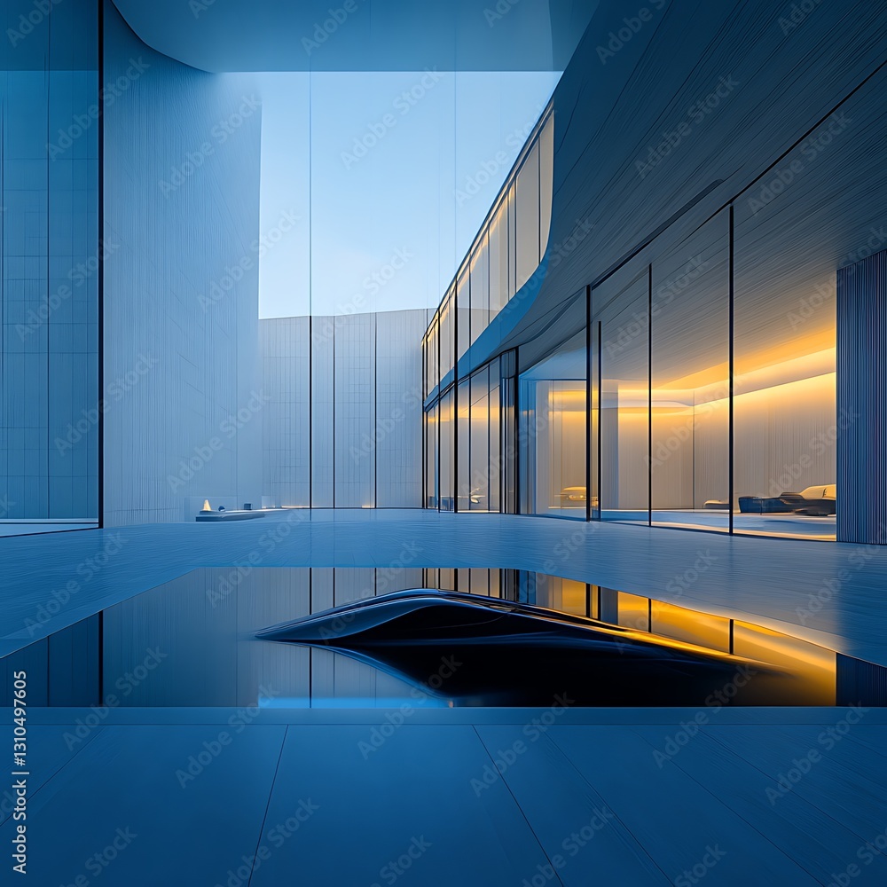 Fototapeta premium Modern house, courtyard pool, twilight, minimalist design, interior reflection