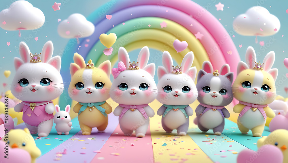 Obraz premium Cute pastel bunnies in princess crowns with colorful rainbow background, adorable kawaii bunnies with hearts and balloons, spring pastel aesthetic