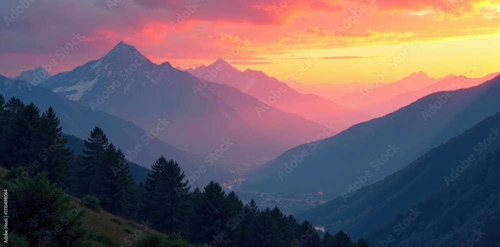 Obraz premium Mountains at sunrise with mist , fog, soft colors, mountains