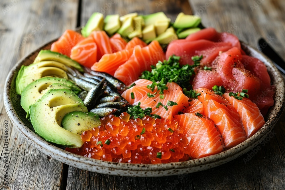Fresh Sushi Platter with Salmon, Tuna, Avocado, and Vibrant Garnishes on Rustic Wooden Table Fresh Sushi Platter with Salmon, Tuna, Avocado, and Vibrant Garnishes on Rustic Wooden Table