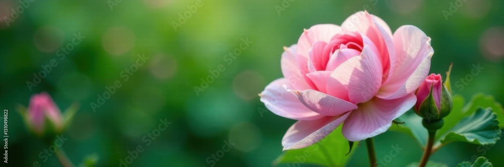 Soft pink and white petals unfolding from a green stem, surrounded by leafy greens and delicate foliage, nature, green, garden