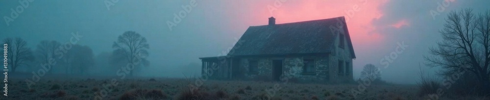 Mysterious fog envelops an old, abandoned building , atmosphere, dark, misty Mysterious fog envelops an old, abandoned building , atmosphere, dark, misty
