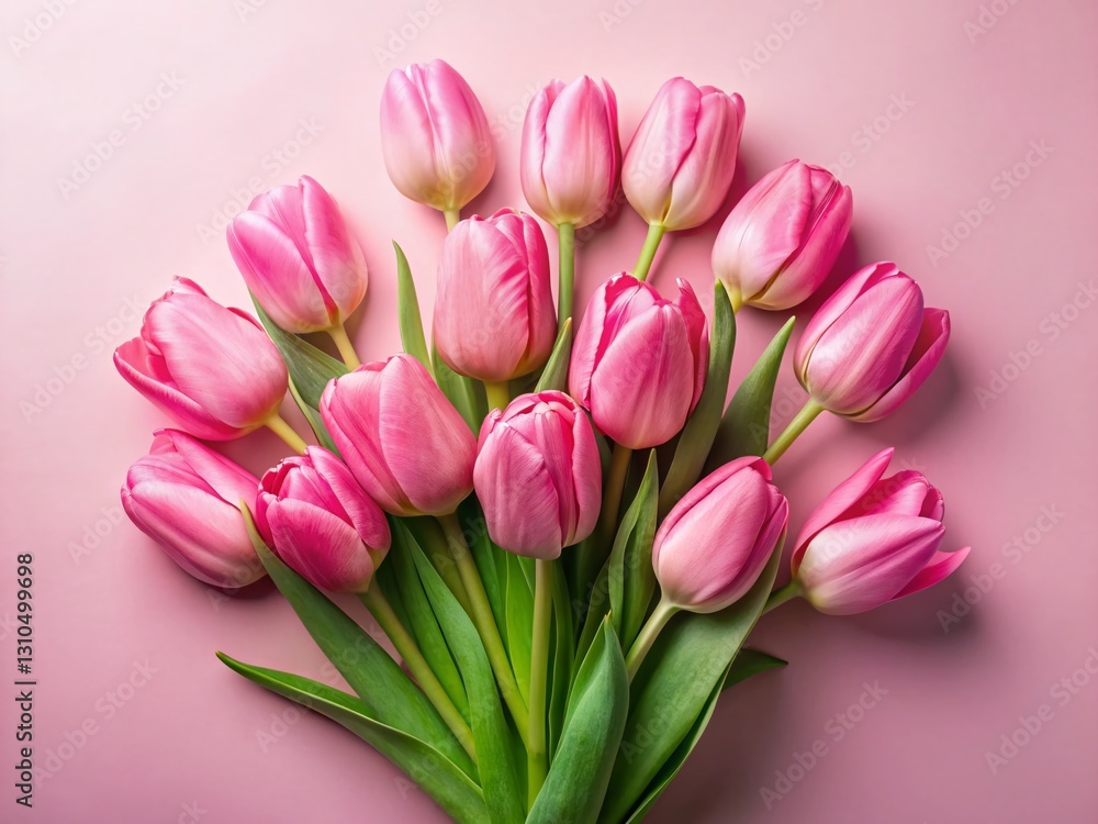 Flat Lay Pink Tulips: Delicate Spring Flowers on Light Pink Background, Studio Shot Flat Lay Pink Tulips: Delicate Spring Flowers on Light Pink Background, Studio Shot