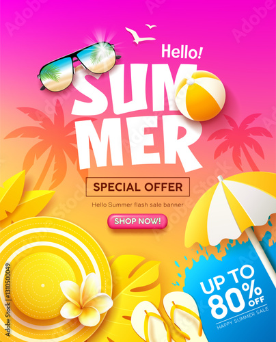 Summer sale, yellow tropical holiday concept, purple and yellow poster flyer design background, Eps 10 vector illustration
