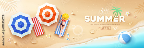 Beach umbrella and beach canvas bed, coconut leaf, poster banner design on sand beach background, Eps 10 vector illustration