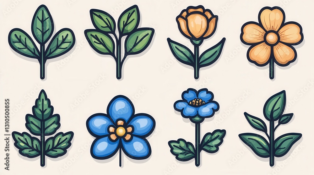 Obraz premium Sophisticated botanical line icon collection featuring a variety of unique floral graphic elements including leaves petals stems and abstract symbols in a clean minimalist style