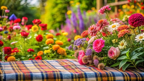 Floral Garden Plaid Pattern Backdrop: Vibrant Spring Flowers & Checkered Design Stock Photo