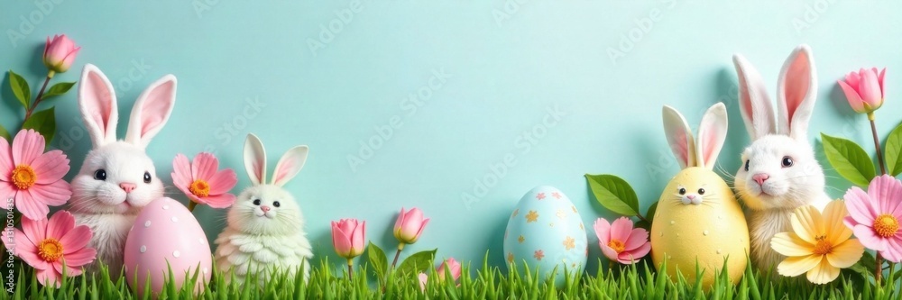 Obraz premium Spring Floral Backdrop with Bunny Ears and Eggs , flowers, bunny, easter
