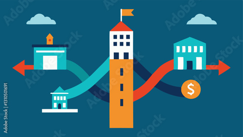 Investment Choices A vector depicting multiple paths leading from a central business building each path representing different investment choices such as stocks real estate and