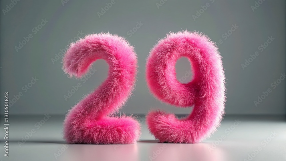 Fluffy Pink Number 29 on Grey Background - Cute, Playful Stock Photo Fluffy Pink Number 29 on Grey Background - Cute, Playful Stock Photo