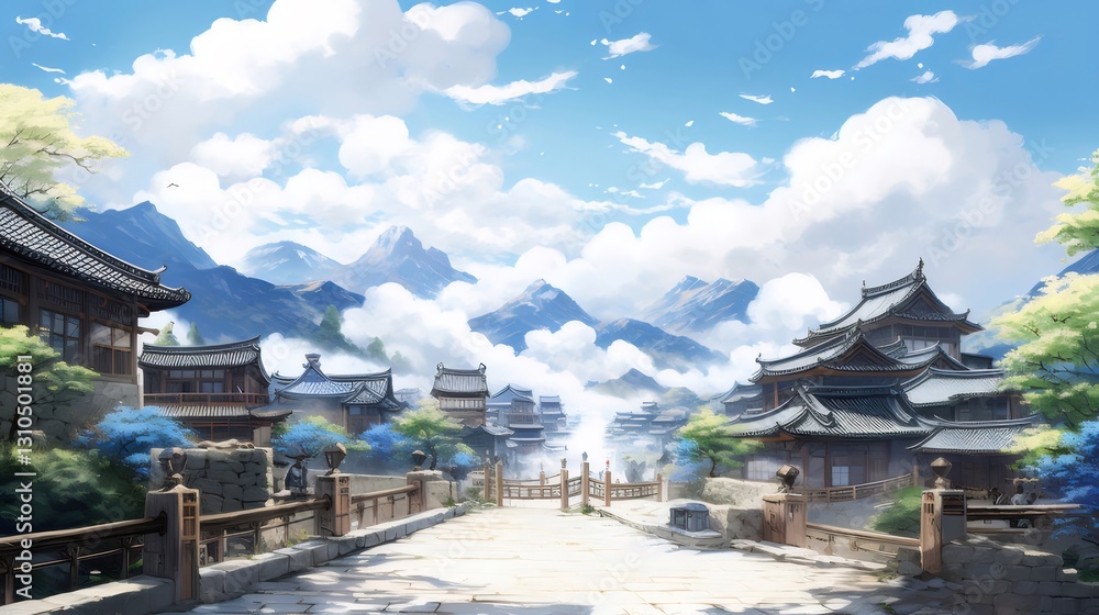Mountain Village Path, Sunny Day, Asian Architecture, Game Background Mountain Village Path, Sunny Day, Asian Architecture, Game Background
