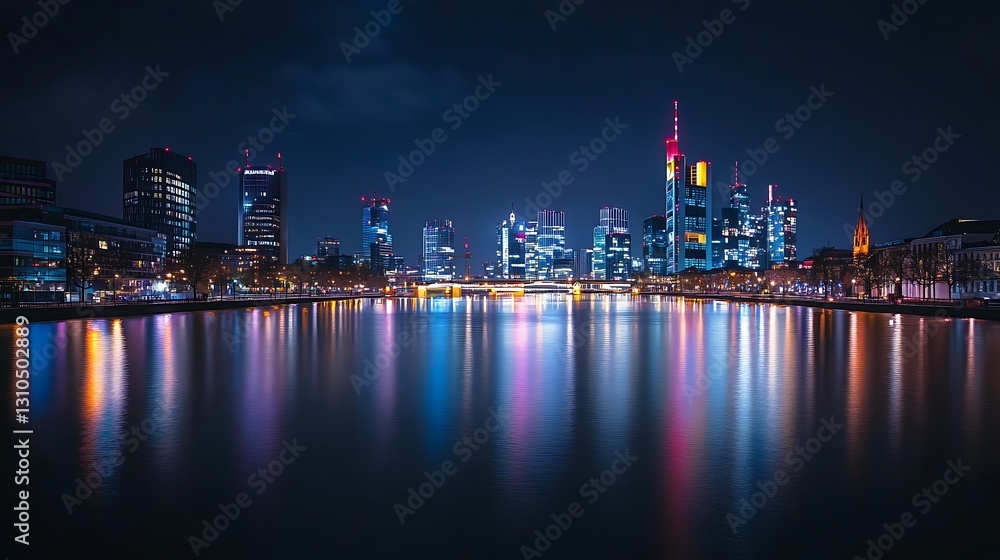 Cityscape Reflection on River at Night with Illuminated Buildings Cityscape Reflection on River at Night with Illuminated Buildings
