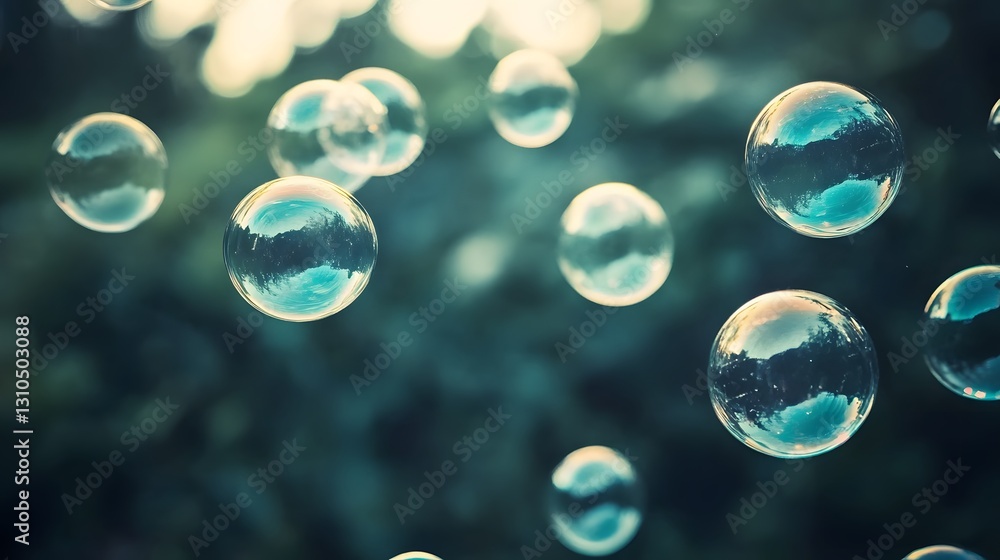 Floating Bubbles in Nature, Dreamy Teal Background Floating Bubbles in Nature, Dreamy Teal Background