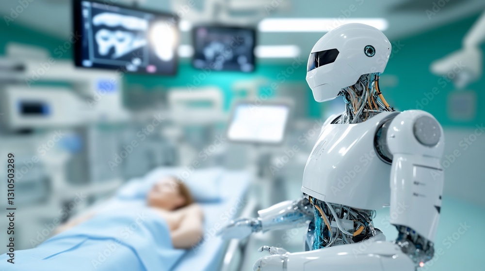 Robot assisting patient in modern hospital room Robot assisting patient in modern hospital room