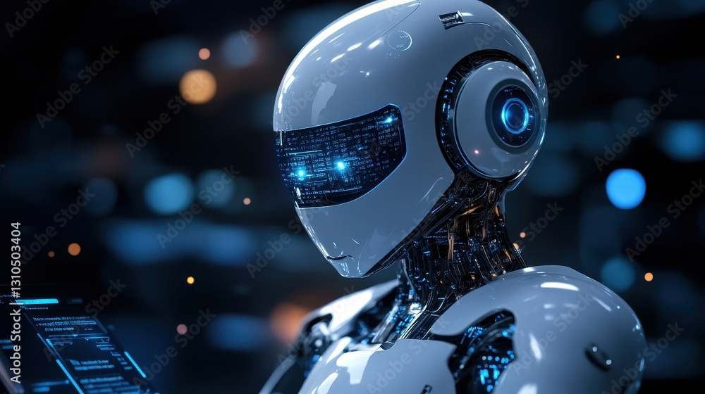 Fototapeta premium Close Up Futuristic Robot Examining Digital Data on a Tablet