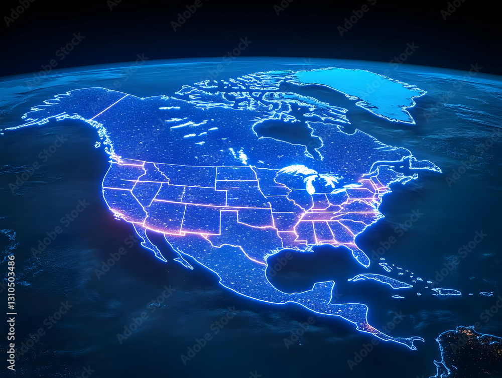 Glowing North America Digital Map 3D Illustration