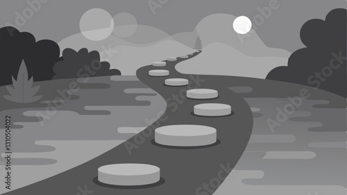 Stepping Stones A path made of stepping stones leading through a fog. Each stone is labeled with words like Courage and Learning while the fog represents fear obscuring the view of