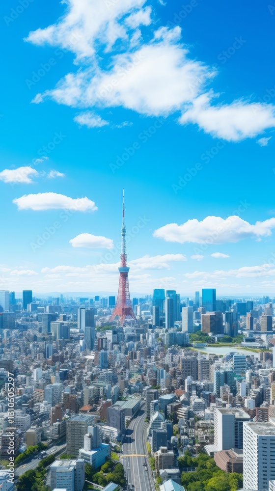 Naklejka premium 青空と高層タワーのある都市景観イラスト,Generative AI AI画像