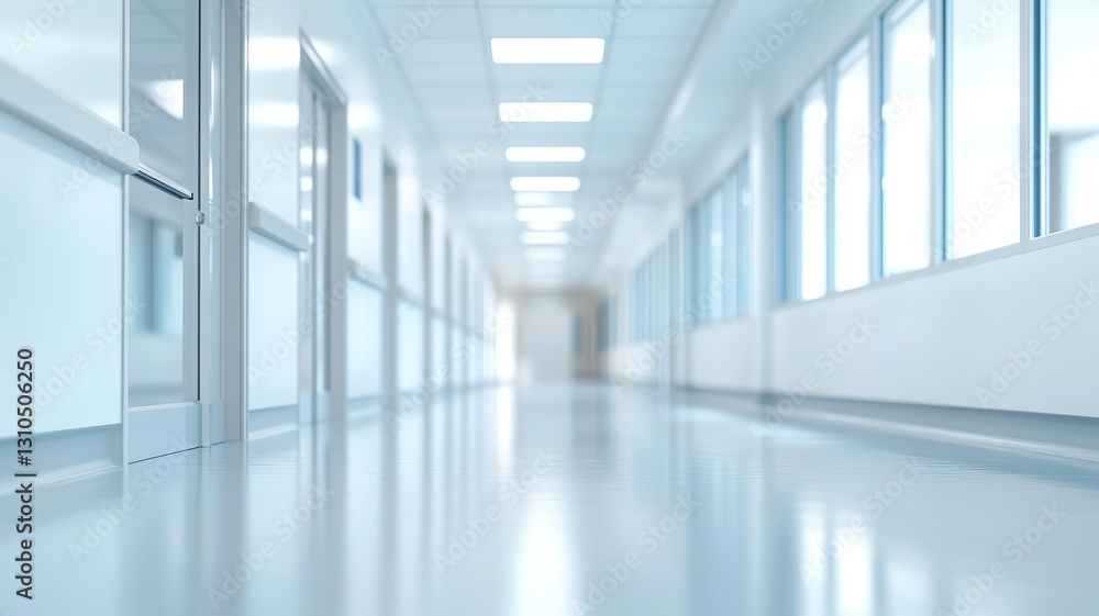 hospital hallway with white walls and panoramic windows, blurred focus hospital hallway with white walls and panoramic windows, blurred focus