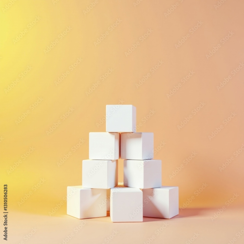 Obraz premium Randomly arranged white cube boxes stacked on a plain background, creating a unique and modern visual display, flat lay, , packaging materials