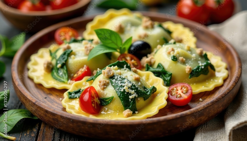 Ravioli filled with spinach, cherry tomatoes, and olives on wooden platter, ravioli, food, pasta Ravioli filled with spinach, cherry tomatoes, and olives on wooden platter, ravioli, food, pasta