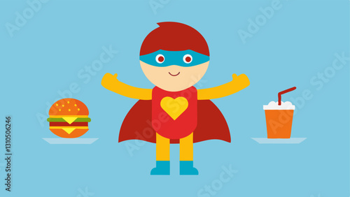 Superhero Snack A child dressed as a superhero but instead of a cape they are adorned with fast food items symbolizing a false sense of strength from unhealthy eating habits.