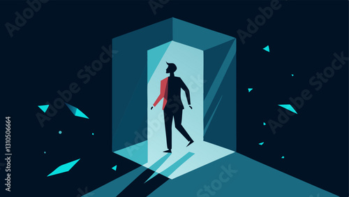 Shattered Glass Box An individual is stepping out of a glass box that is shown as cracked and broken. Light floods in as they step into a brighter open space symbolizing escaping
