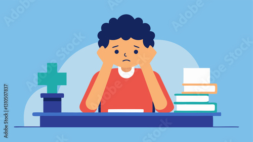 Student Stress A student sitting at a desk with a mountain of homework and a stressed expression overwhelmed by the lack of support and resources.