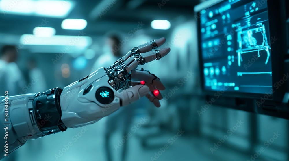 Robotic hand interacts with medical screen Robotic hand interacts with medical screen