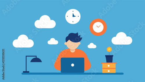 Stress Cloud A person sitting at their desk with a cloud floating above their head filled with various stressrelated icons exclamation marks clocks etc. to depict overwhelming