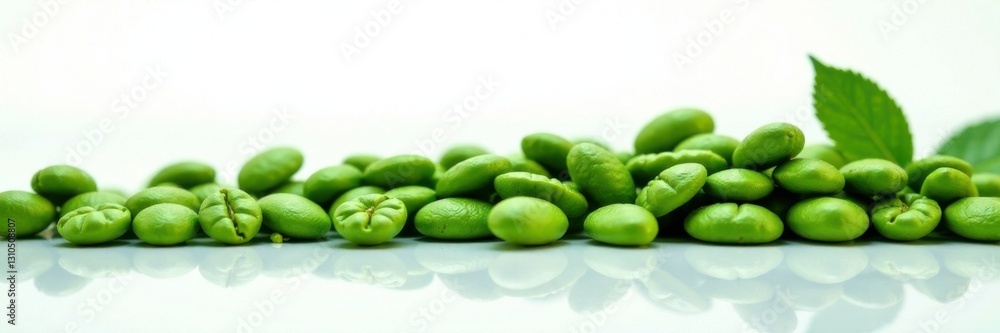 Row of green coffee beans on a white background, packaging, commodity, coffee beans Row of green coffee beans on a white background, packaging, commodity, coffee beans