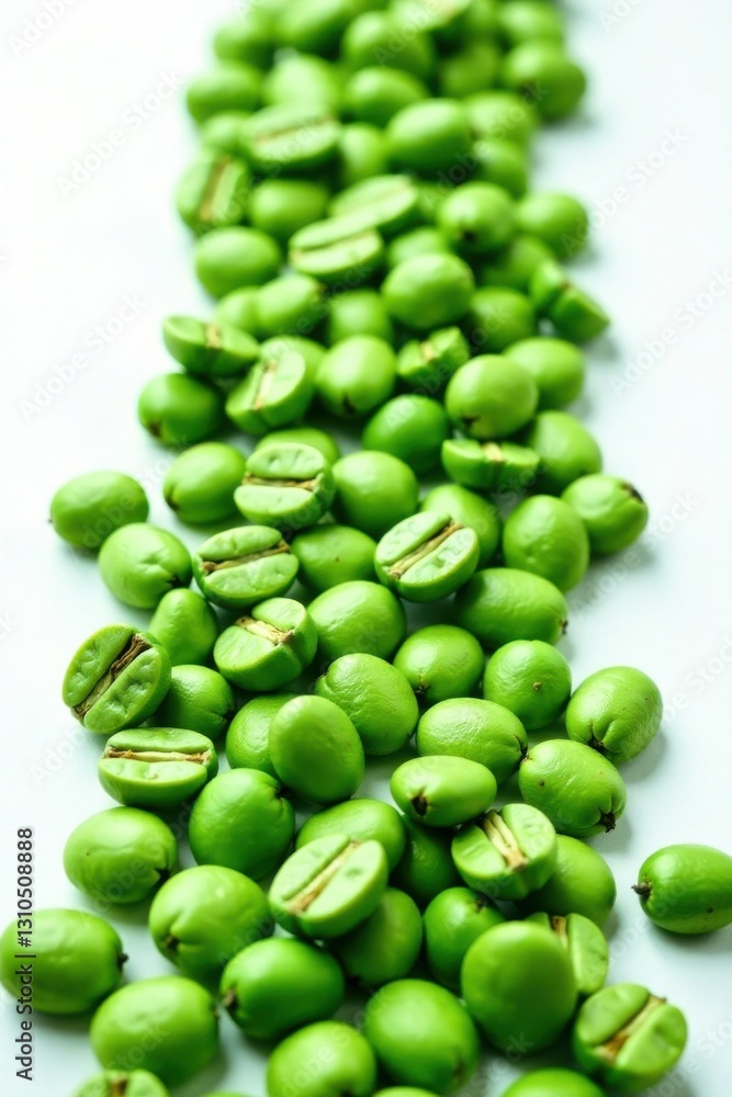 Row of green coffee beans on a white background, unroasted, coffee beans, coffee Row of green coffee beans on a white background, unroasted, coffee beans, coffee