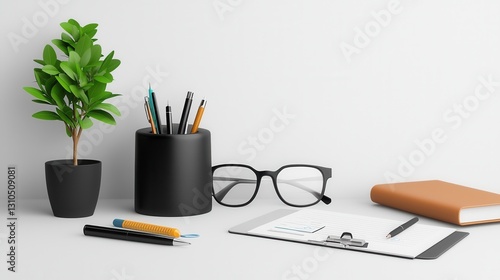 Wallpaper Mural Minimalist and organized desk setup with office supplies a potted plant and eyeglasses creating a clean and productive work or study environment Torontodigital.ca