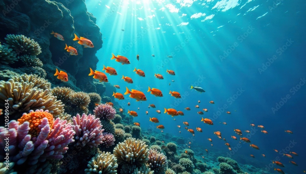 Fototapeta premium School of colorful fish swimming together in the ocean, underwater scene, seafood icons, sea creatures