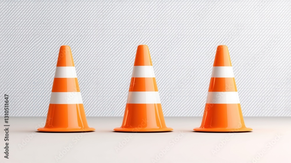 Three bright orange traffic cones with white reflective stripes standing on a gray background used as temporary warning signs and safety barriers for construction sites road work or traffic control Three bright orange traffic cones with white reflective stripes standing on a gray background used as temporary warning signs and safety barriers for construction sites road work or traffic control