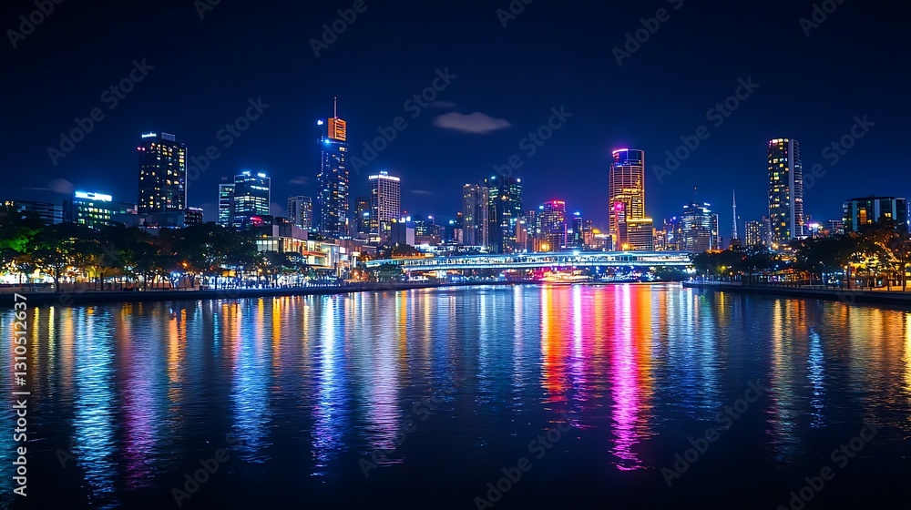 City Skyline at Night with Water Reflections and Urban Lights City Skyline at Night with Water Reflections and Urban Lights