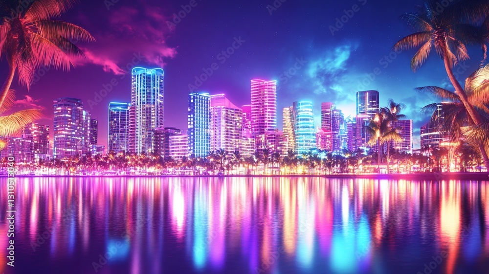 Obraz premium Vibrant city skyline at night with neon lights and water reflections