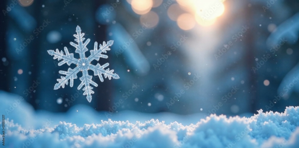 Single large snowflake hangs suspended motion, snowflake shape, frozen water, ice crystal Single large snowflake hangs suspended motion, snowflake shape, frozen water, ice crystal
