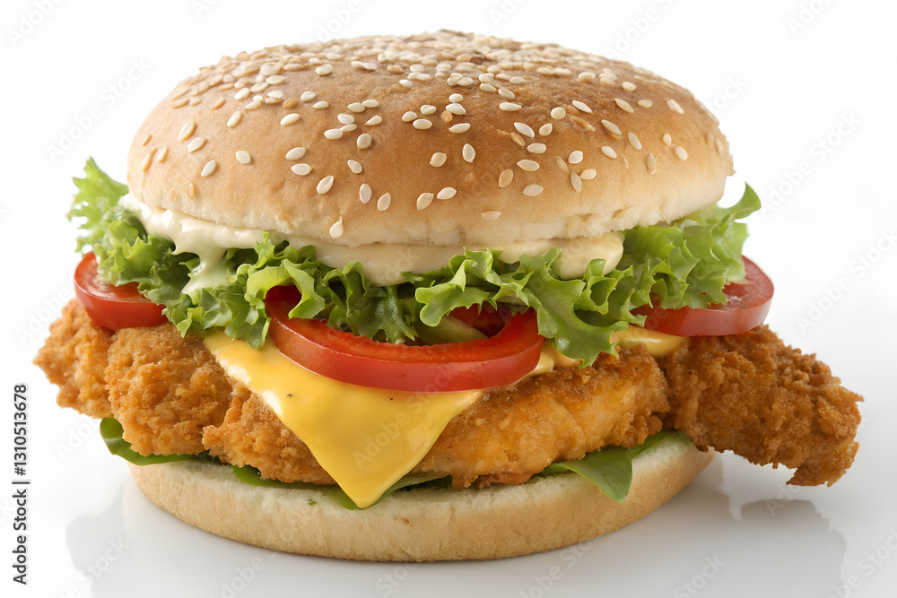 Crispy chicken cheeseburger clipart with fresh toppings on a sesame bun in a high quality digital style Crispy chicken cheeseburger clipart with fresh toppings on a sesame bun in a high quality digital style