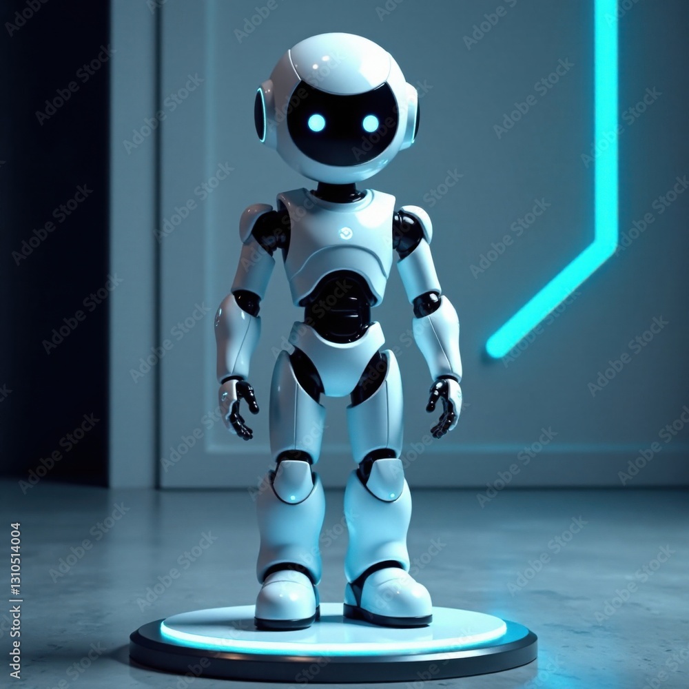 sleek white robot standing alone on a metallic platform with glowing blue lights, robot, mechanism, circuit sleek white robot standing alone on a metallic platform with glowing blue lights, robot, mechanism, circuit