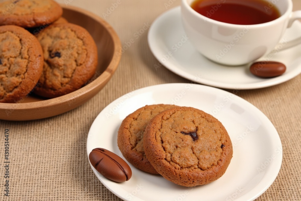Delicious Homemade Chocolate Chip Cookies Served with a Cup of Tea on a Rustic Table Setting, Perfect for an Afternoon Snack or Dessert Delicious Homemade Chocolate Chip Cookies Served with a Cup of Tea on a Rustic Table Setting, Perfect for an Afternoon Snack or Dessert
