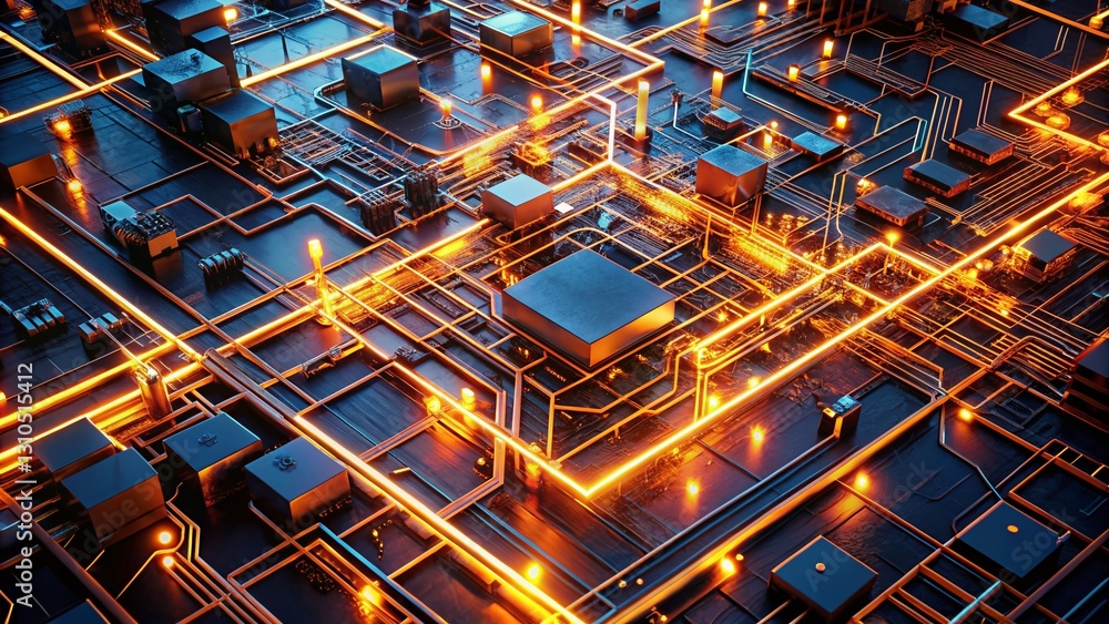 Obraz premium Futuristic Orange Glowing Circuit Board Aerial View - Advanced Technology Stock Photo