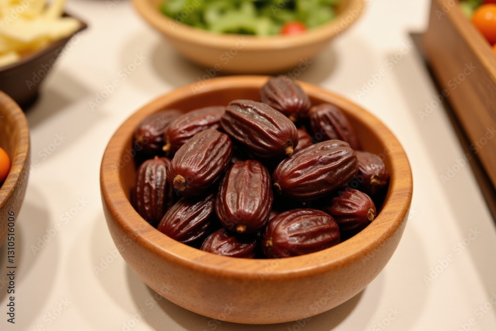 A Wooden Bowl Filled with Fresh, Plump Dates Displayed on a Table Among Other Assorted Foods A Wooden Bowl Filled with Fresh, Plump Dates Displayed on a Table Among Other Assorted Foods