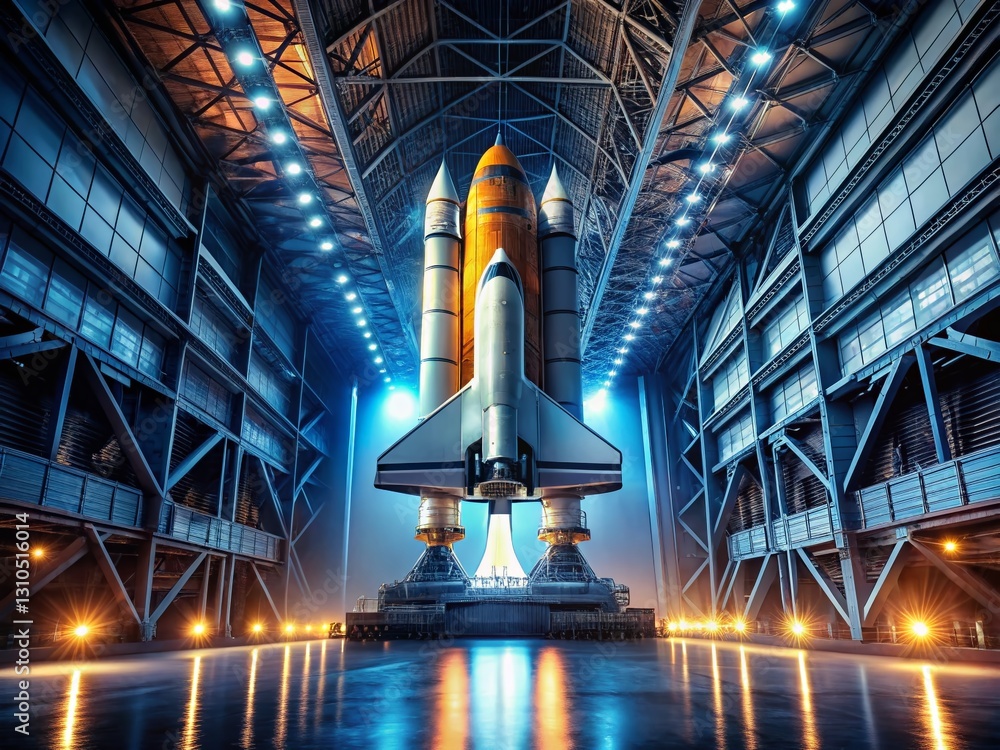 Futuristic Spaceship Launch Preparation: Low-Light Hangar Scene
